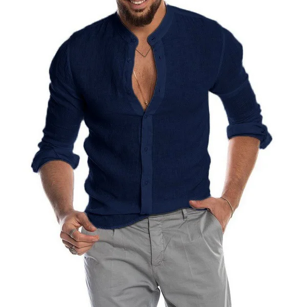 Uveng Uveng Explosion Autumn/Winter V-Neck Linen New Cardigan Long-Sleeved Men's Shirt