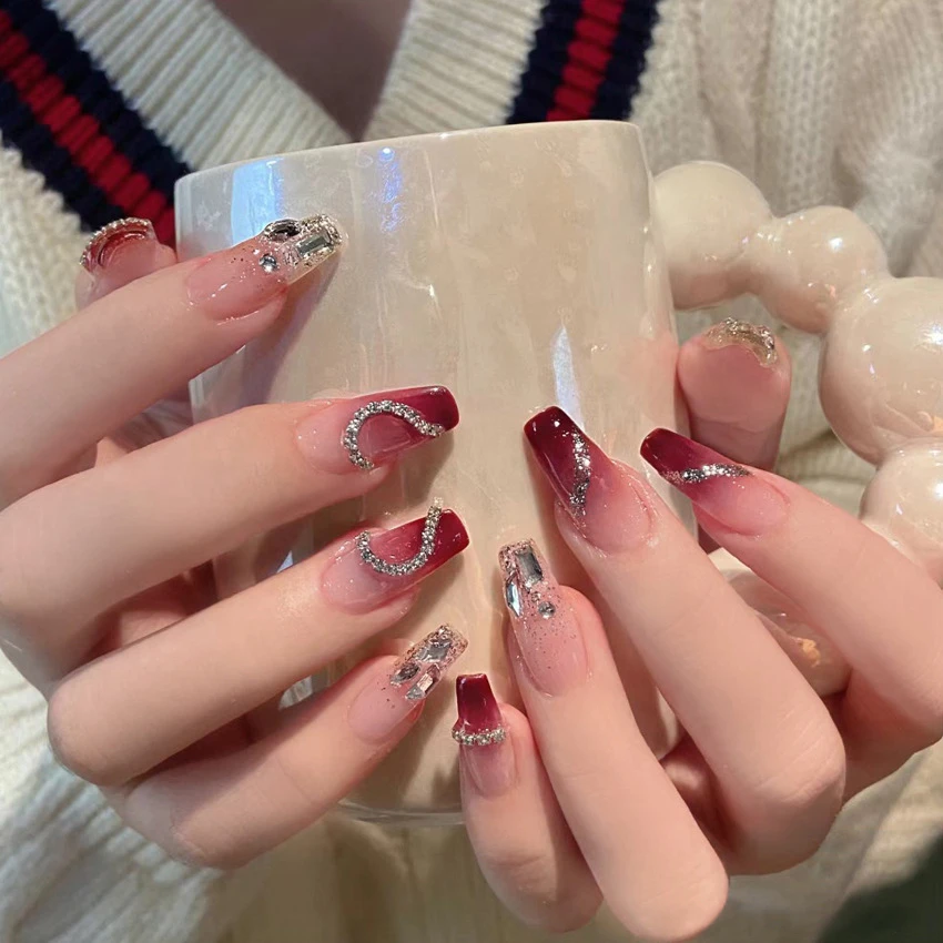 Bayuyun 24Pcs/Set Coffee Leopard French Fake Nails with Diamonds Japan Korean Artificial Acrylic Press on Nails Removable Stick on Nails