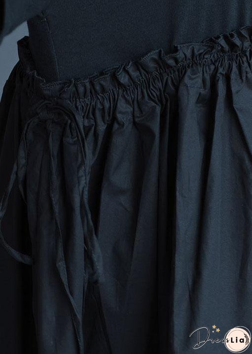 Italian Black Geometry Linen Quilting Dresses Ruffles Loose Summer Dress