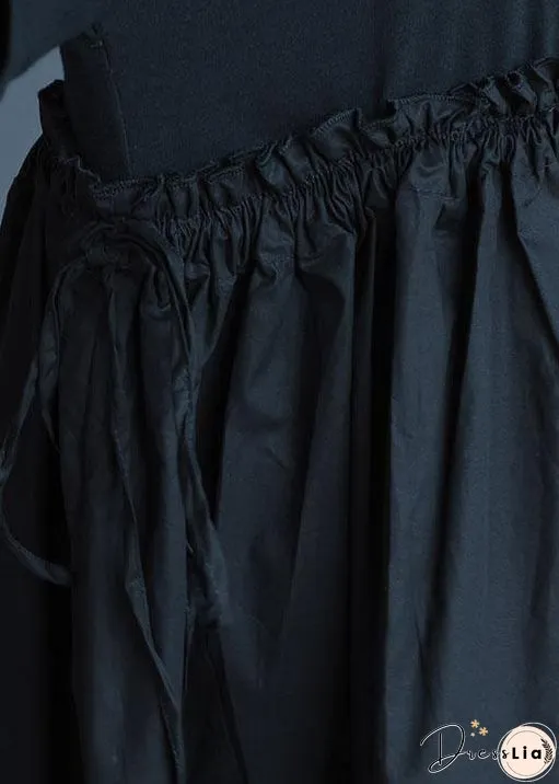 Italian Black Geometry Linen Quilting Dresses Ruffles Loose Summer Dress