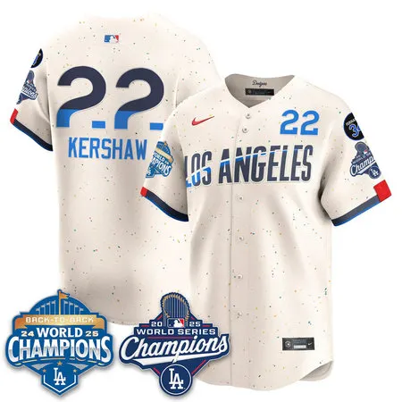 Youth Los Angeles Dodgers #22 Clayton Kershaw Cream 2025 World Series Champions Jersey