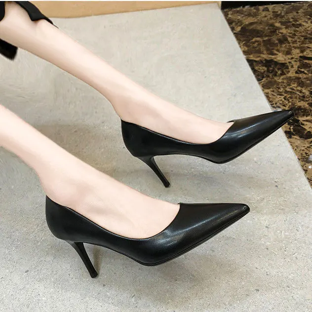 Breakj Breakj Working Shoes Women Black High Heels Fine Heel Professional Tip Low Heel Soft Leather Small Size Comfortable Single Shoes
