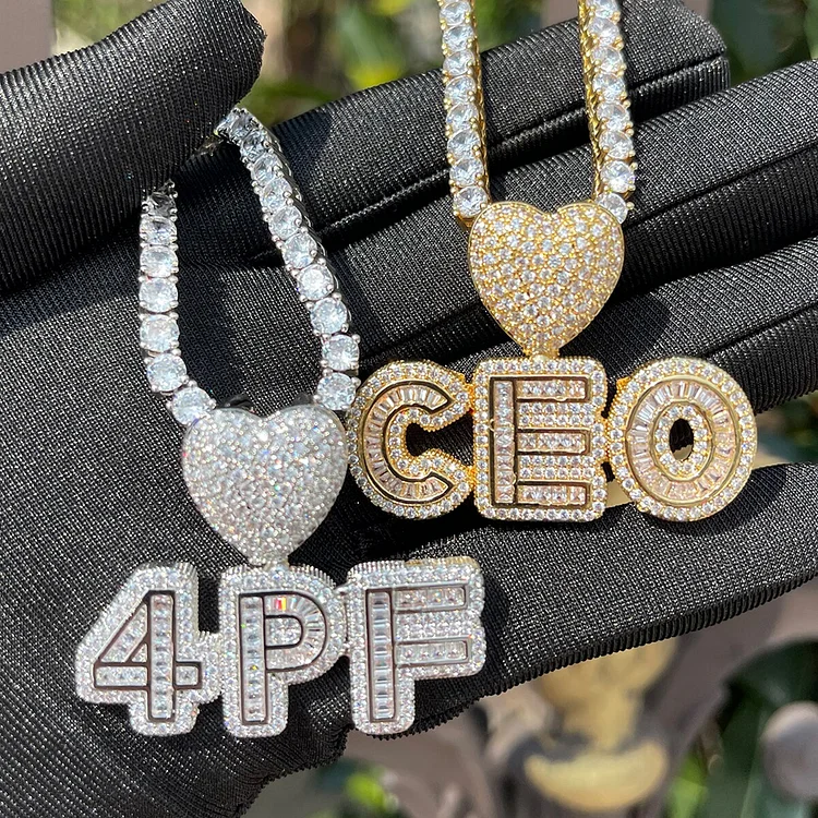 Custom Name Iced Out Baguette Heart Bail Small Letters Pendant Necklace-VESSFUL