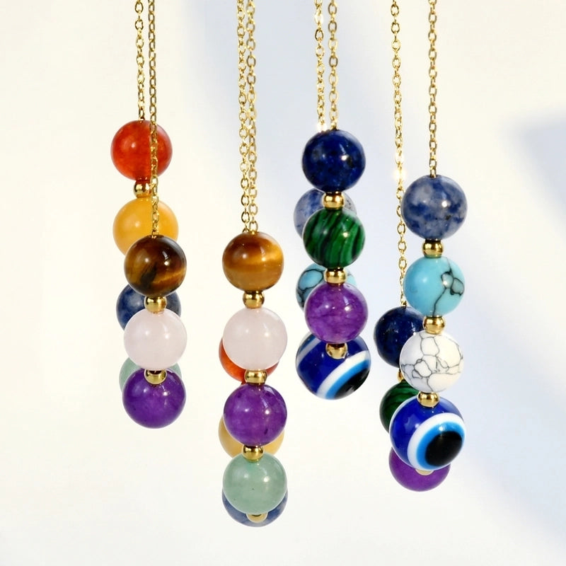 Vintage Style Color Block Stainless Steel Artificial Gemstones Natural Stone Gold Plated Pendant Necklace In Bulk4