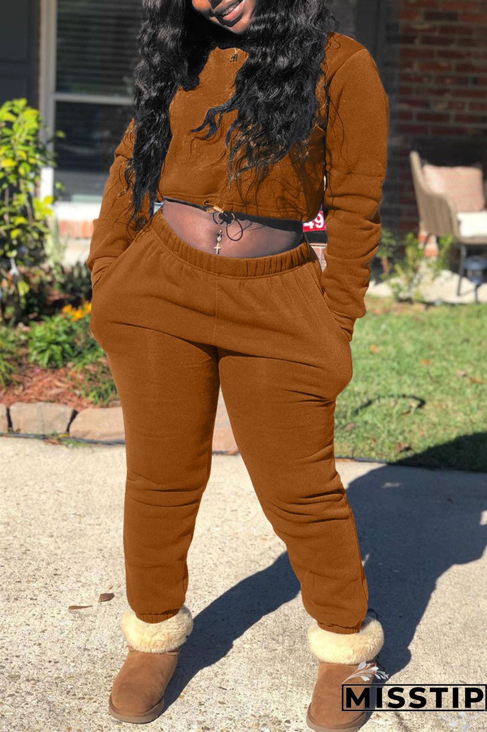 Coffee Fashion Casual Solid Basic O Neck Long Sleeve Two Pieces