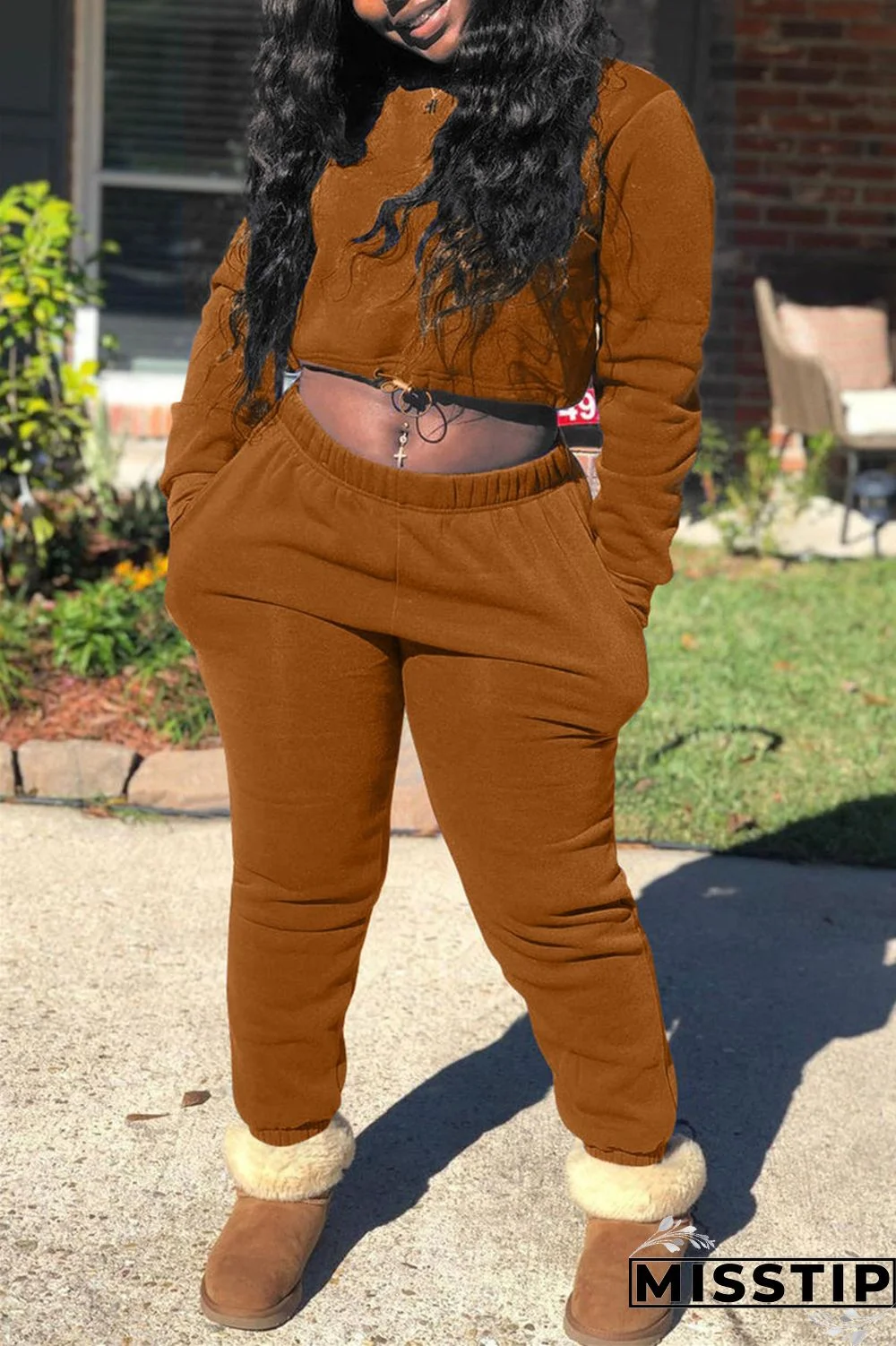 Coffee Fashion Casual Solid Basic O Neck Long Sleeve Two Pieces