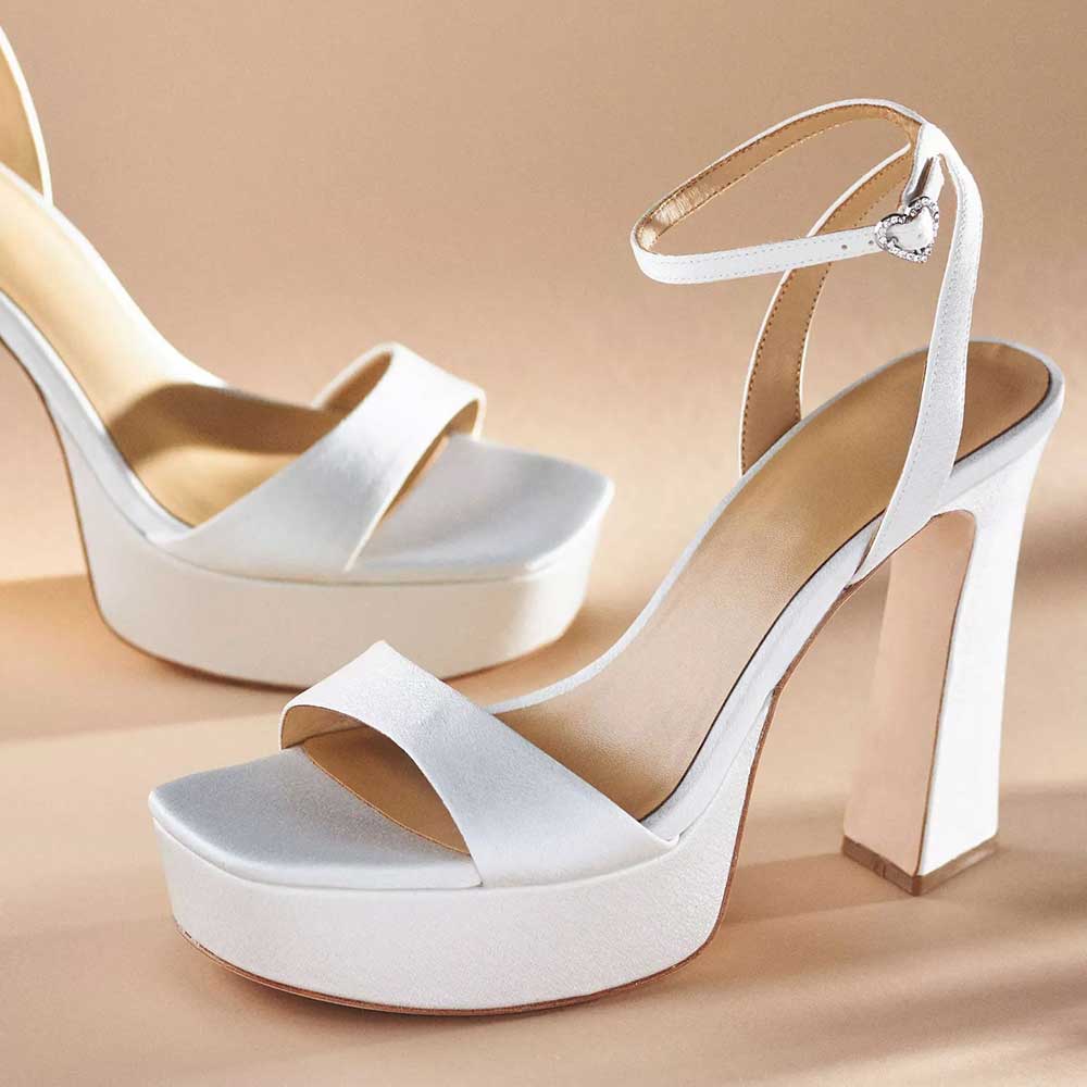 White Satin Square Toe Platform Ankle Strap Sandals with Block Heel   Nicepairs