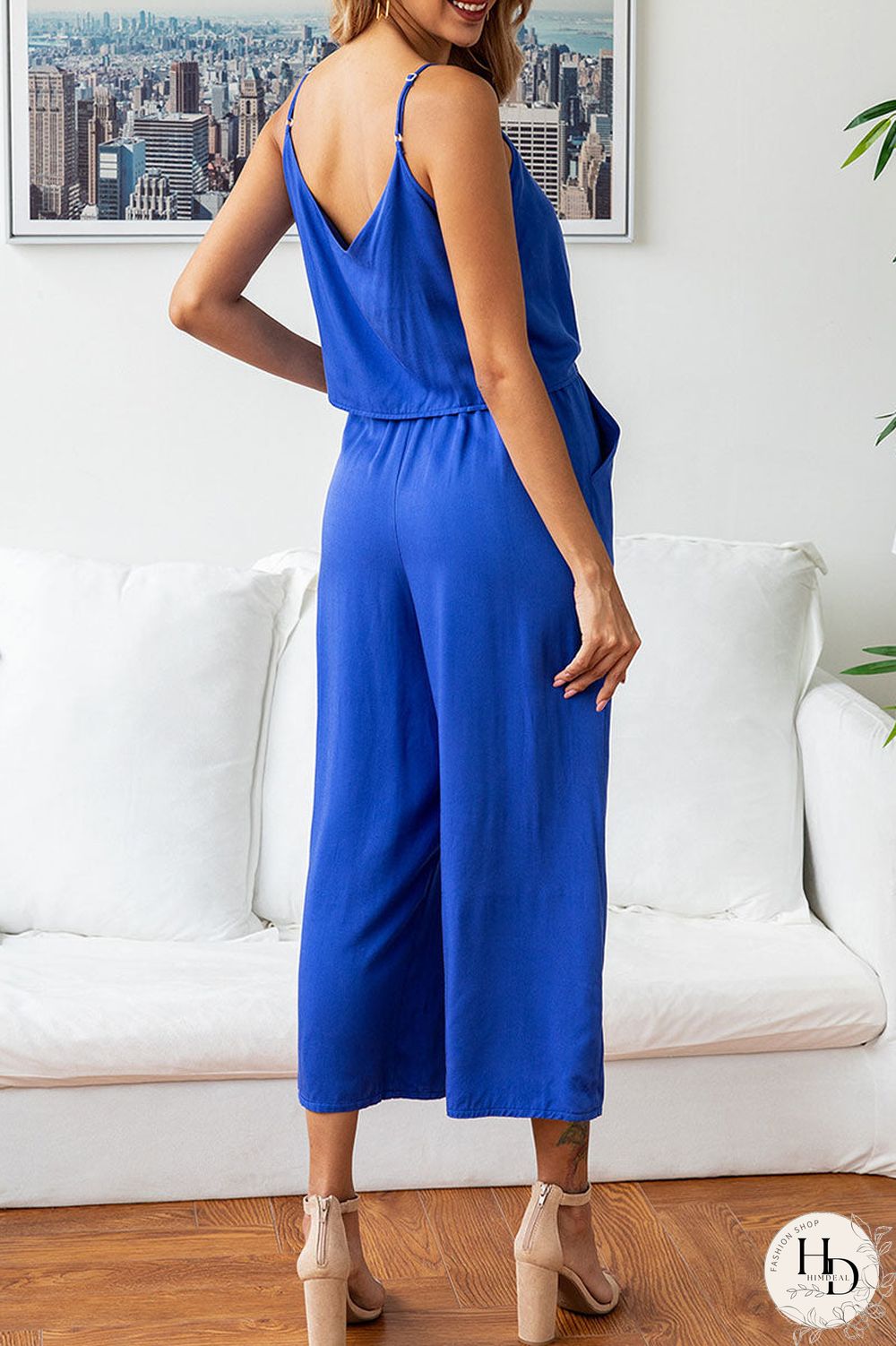 Fashion Street Solid Split Joint V Neck Loose Jumpsuits