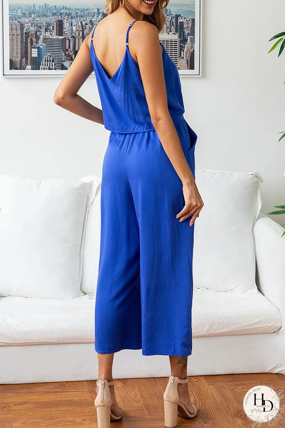 Fashion Street Solid Split Joint V Neck Loose Jumpsuits