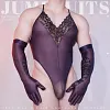 Men's Bodysuit Gloves One-Piece Open-Crotch Lace Ultra-Thin Breathable Skin-Friendly Nylon Seductive Lingerie