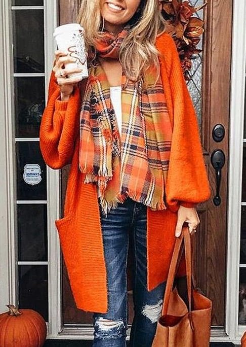 Pocket Long Sleeve Open Front Sweater Cardigan - Orange