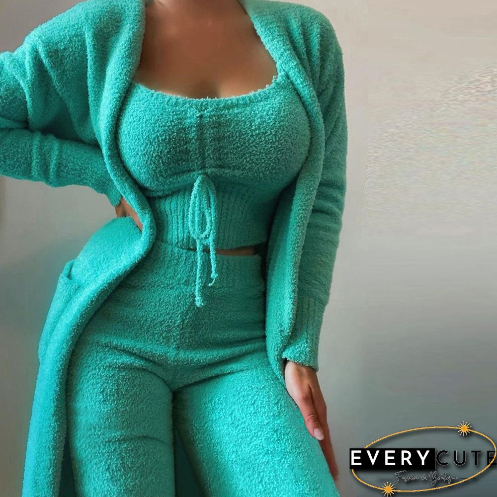 Autumn Winter New Women Fashion Casual Plush Lace-Up Vest+Long Cardigan+Trousers Suits Soft Fuzzy Solid Three Piece Set Outfits