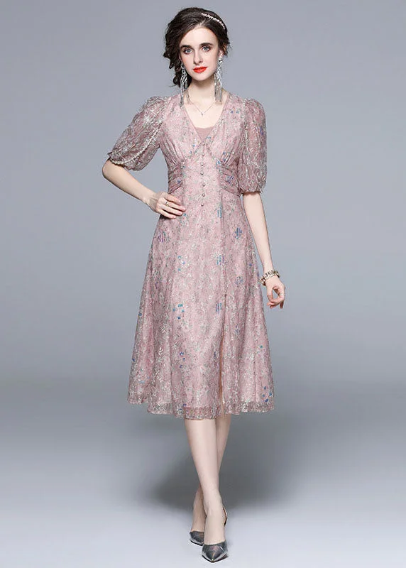 Novelty Pink Embroideried Sequins Patchwork Tulle Dress Puff Sleeve