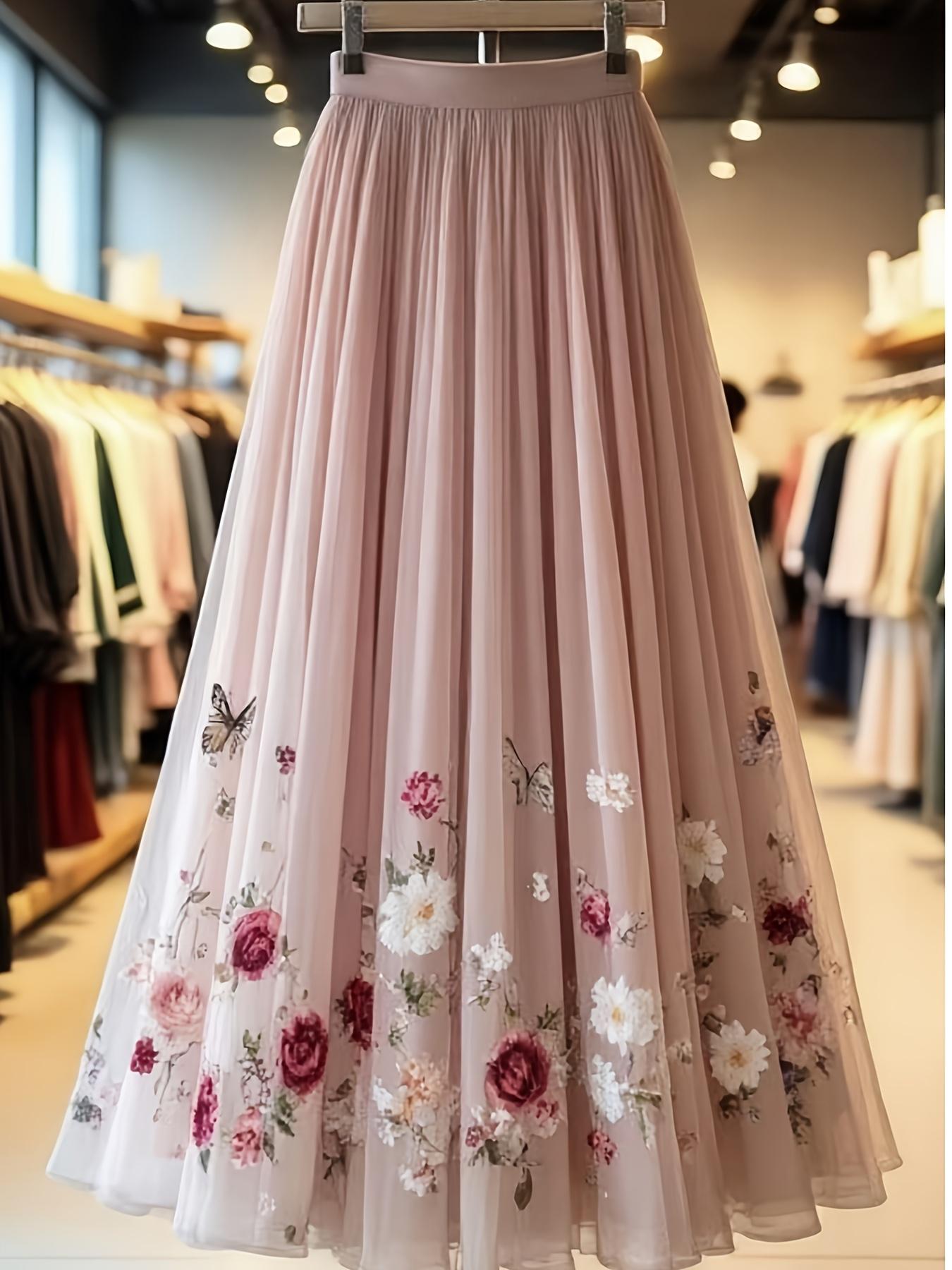 Elegant Floral Pattern Mesh Long Fitted Skirt, Women's Fashion Clothing, Perfect for Parties & Special Occasions