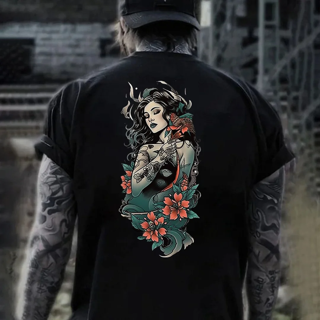 Tattoed Lady with Flowers Black Print T-Shirt