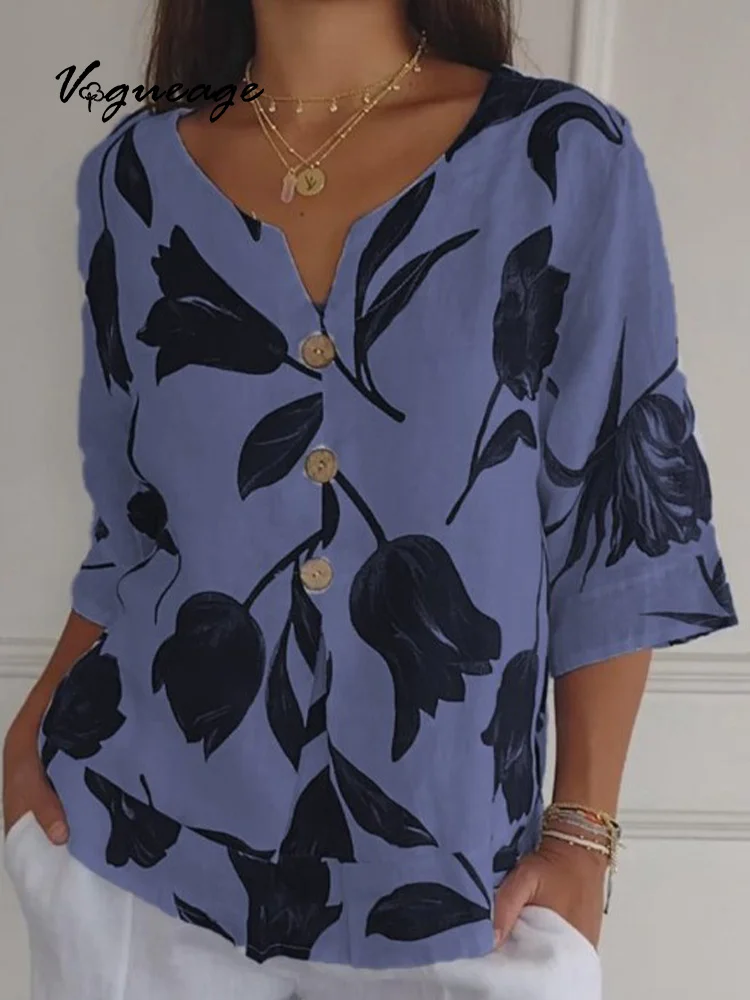 Fashionable And Casual Printed Women's Cotton And Linen Shirt