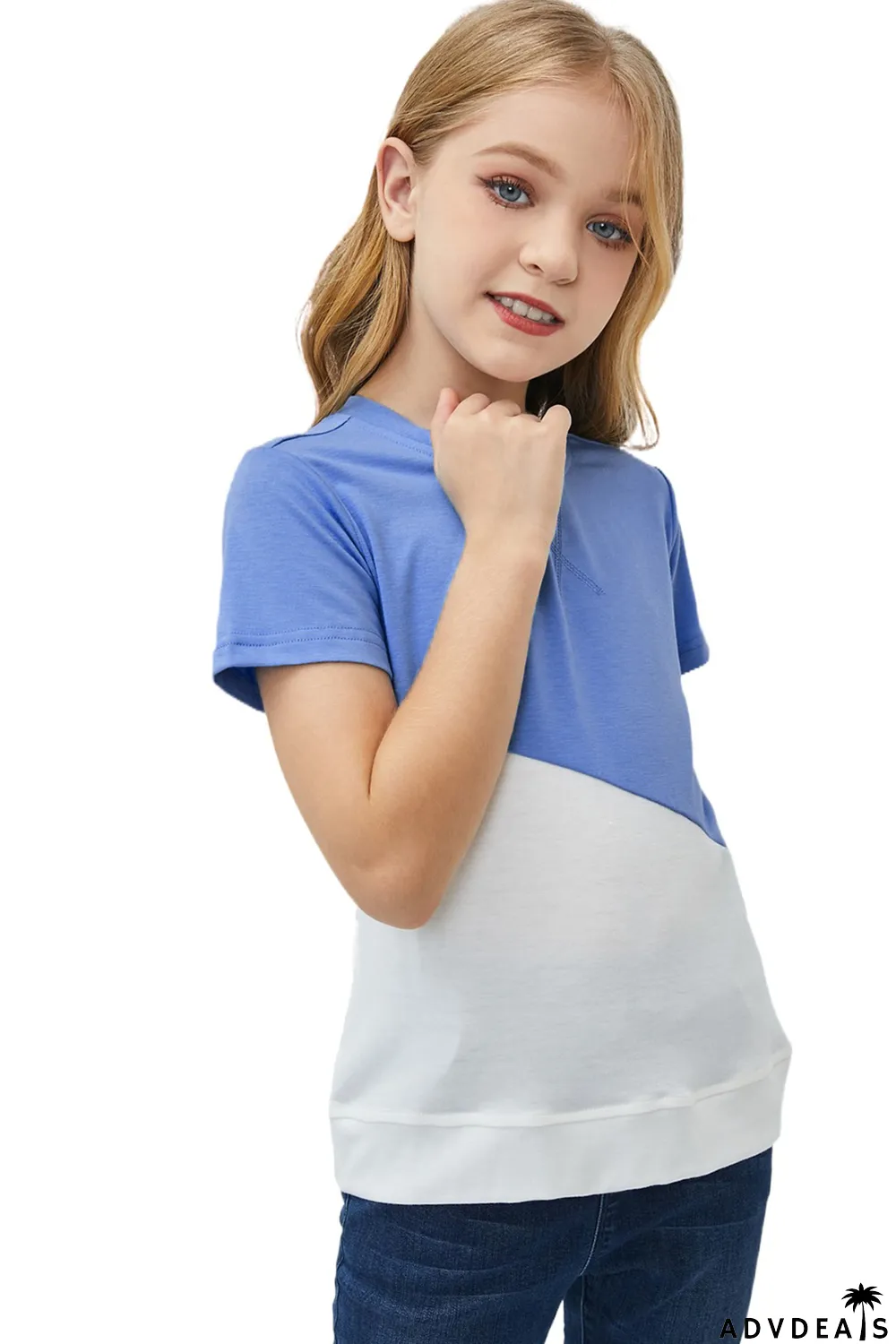 Sky Blue Colorblock Splicing Little Girl Tee