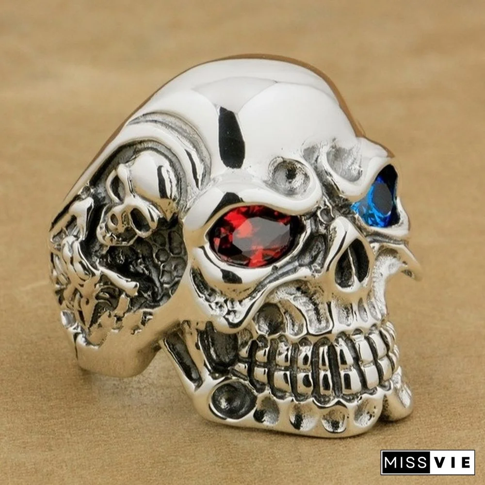 Vintage Gem Eye Skull Ring for Men Male Gothic Punk Biker Skeleton Stainless Steel Jewelry