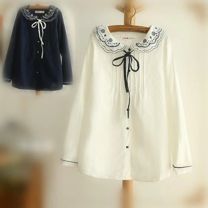 Navy/Beige Mori Girl Blouse With Flower Embroidery Collar SP165109