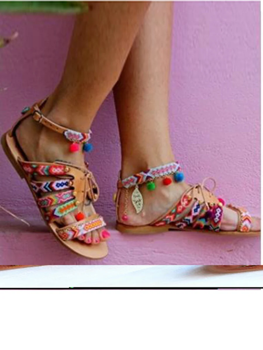 Pom Pom Lace-up Casual Ethnic Flat Sandals