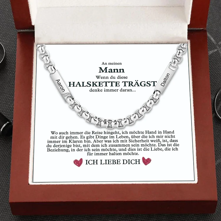 Herren Personalisierte 2 Namen Silberfarbene Edelstahl Halskette-An Meinen Mann-Geschenk mit Nachrichtenkarte