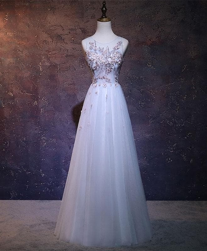 A-Line Light Blue Tulle Lace Applique Long Prom Dress, Bridesmaid Dress