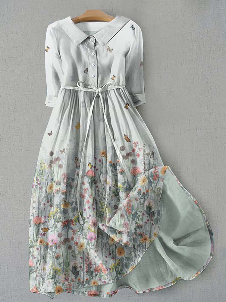 Comstylish Retro Flowers And Butterflies Graphics Print Lace-Up Dress