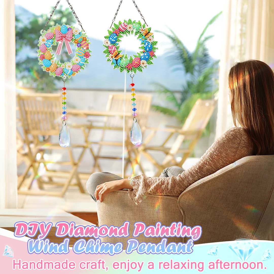 2Pcs Wreath DIY Acrylic Diamond Painting Art Wind Chimes with Crystal Pendant Diamond Art Hanging Pendant Double-Sided for Adults Beginners Gift Home Garden Decor