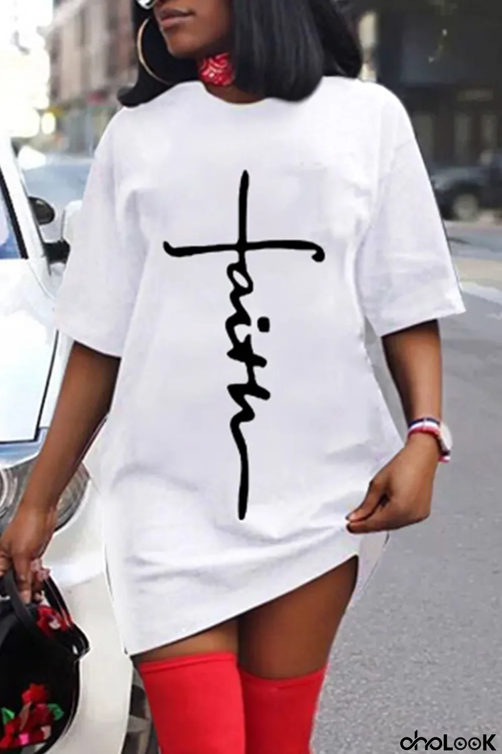 White Fashion Casual Print Basic O Neck Short Sleeve Dress