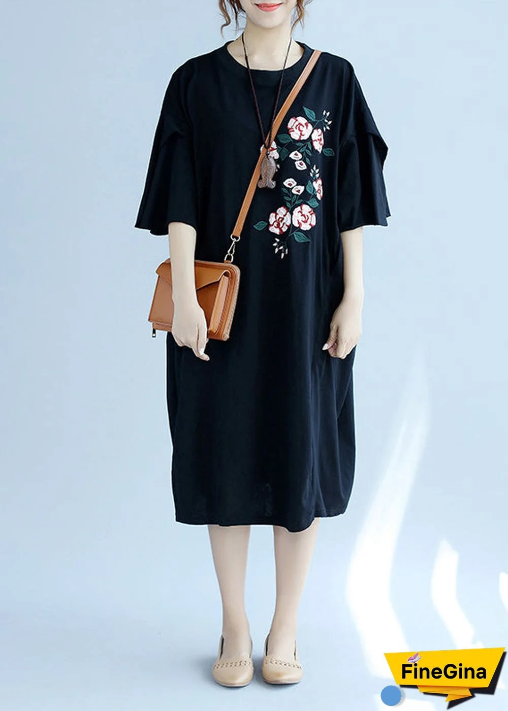 Modern o neck embroidery linen clothes Fashion Online Shopping black long Dresses Summer
