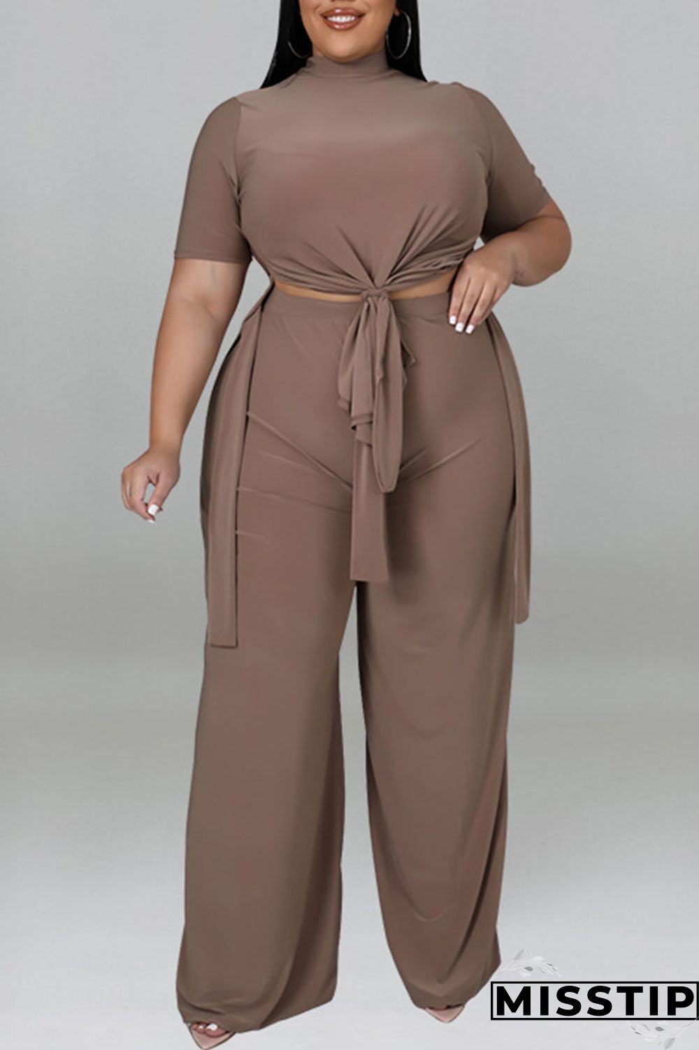 Purple Casual Solid Patchwork O Neck Plus Size Two Pieces