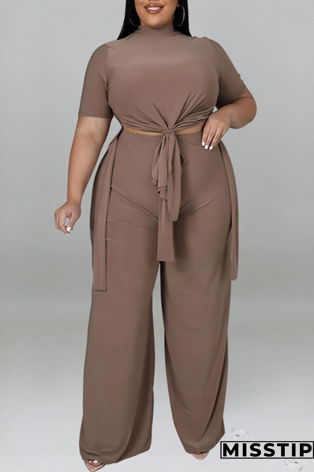 Purple Casual Solid Patchwork O Neck Plus Size Two Pieces