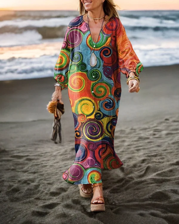 Vintage Abstract Art Long Sleeve Cardigan Maxi Dress