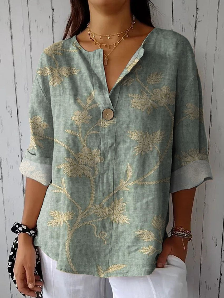 Women's Vintage Floral Art Print Casual Cotton Linen Shirt