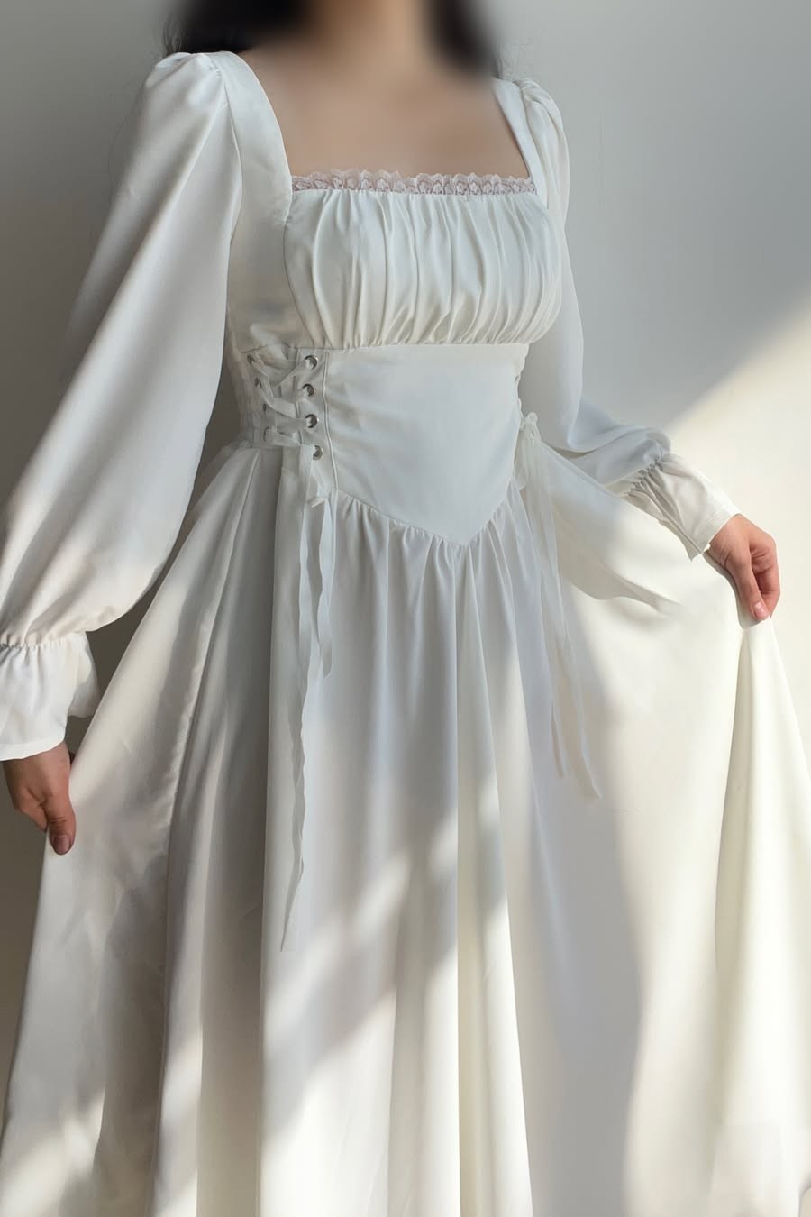 Lvs&Broner Square Neck Long Sleeves Long Prom Dress With Pleated Ruffles