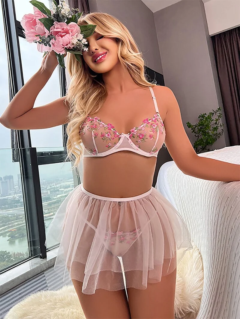 Billionm Ellolace Fairy Lingerie Luxury Lace Fancy Underwear 3-Pieces Transparent Bra Dress Embroidery Erotic Sets Intimate Thongs Outfit