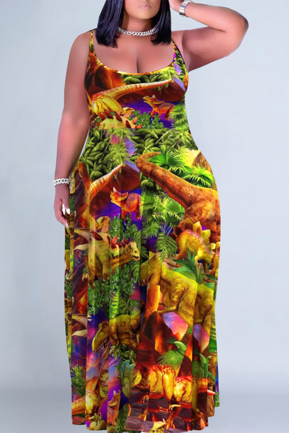 Plus Size Green Casual Forest Print Sleeveless Maxi Dresses [Pre-Order]