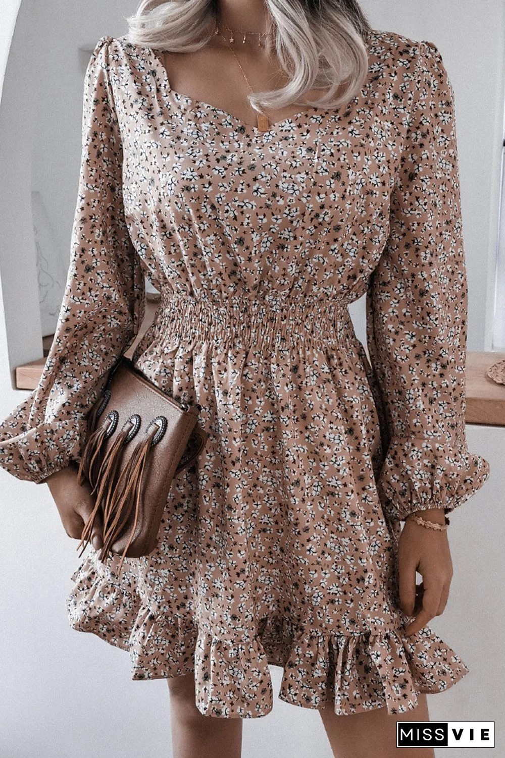 Floral Chiffon Ruffle Lantern Sleeve Dress