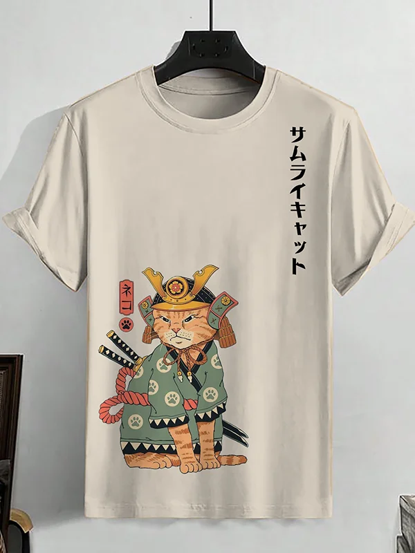 Men's Japanese Samurai Cat Art Print Cotton Casual T-Shirt