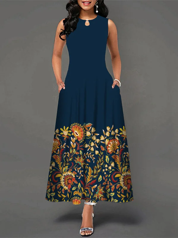 Women's Sleeveless Scoop Neck Floral Printed Maxi Dress