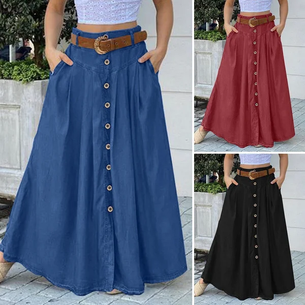 Zanzea Women Fashion Solid Color Buttons Denim Long Skirts Vintage Long Dresses