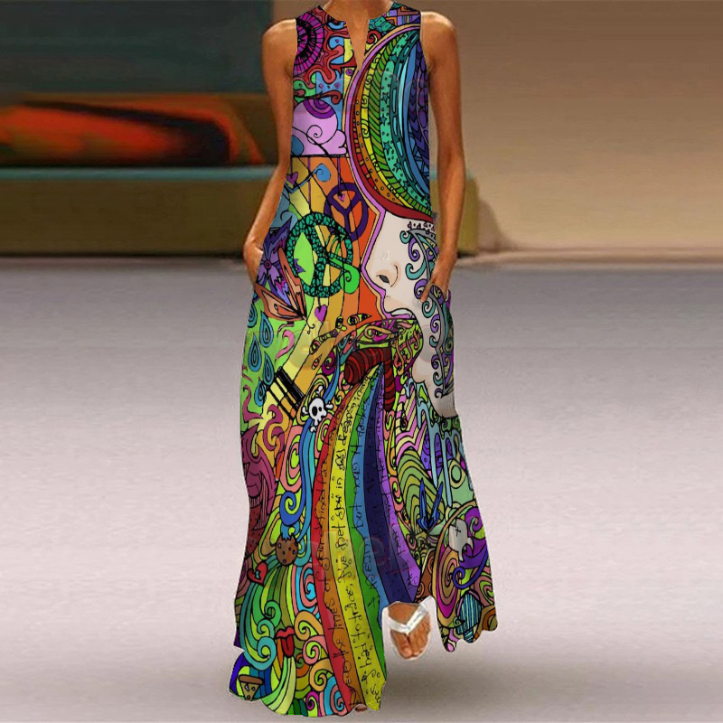 Peaceful Abstract Print V-Neck Maxi Dress wearshes
