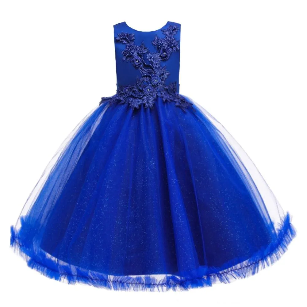 Pink Knee-Length Tulle Flower Girl Dress For Kids Round Neck Embroidered Child Party Dress For Girl 3-12 Years Old Sleeveless