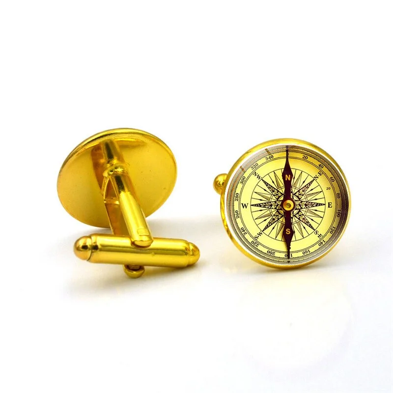 French Shirt Cufflinks Men's Compass Business Button Metal Glass Exquisite High Quality Luxury Simple Classic Cuff Link Gifts