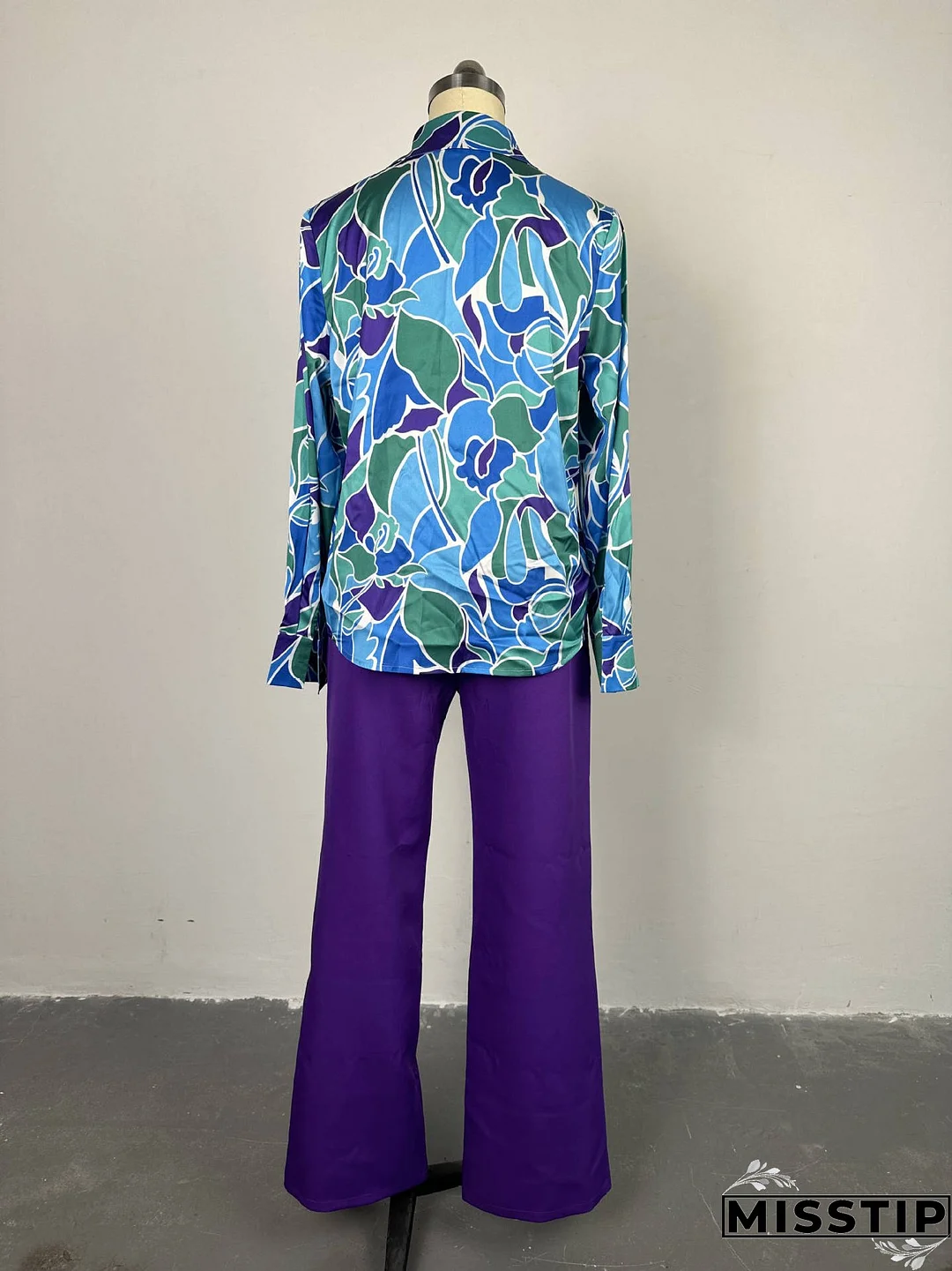 Women Chic printed long-sleeved shirt and wide-leg trousers Casual two-piece set