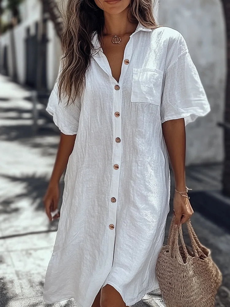 Women's Casual Short-sleeved Regular Shirt Lapel Single Breasted Shirt Dress