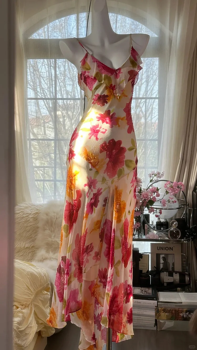 Colorful Romantic Floral Elegant Fashion Exquisite Beaded Long Chiffon Ball Dress Evening Dress Party Dress Valentine's Day Date Dress Wedding Guest Dress