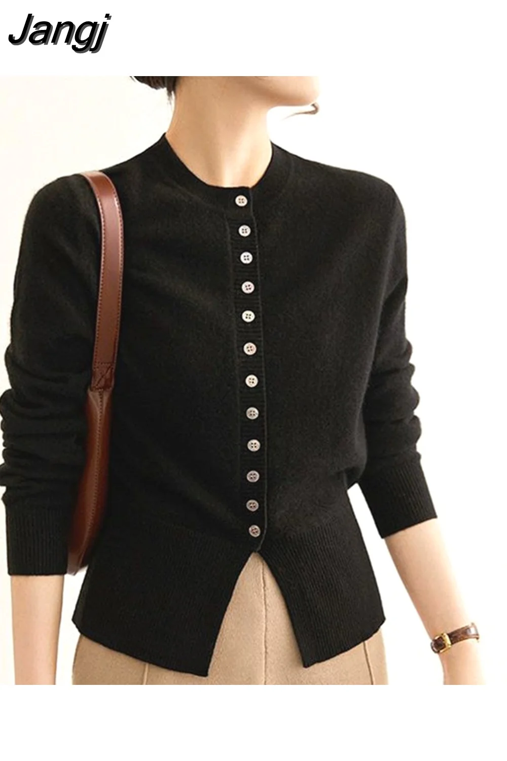 Jangj Winter Elegant Fashion Solid Simple Sweater Cardigan Top Women Long Sleeve All-match Buttons Coat Ladies Knitting Jacket 1020-0