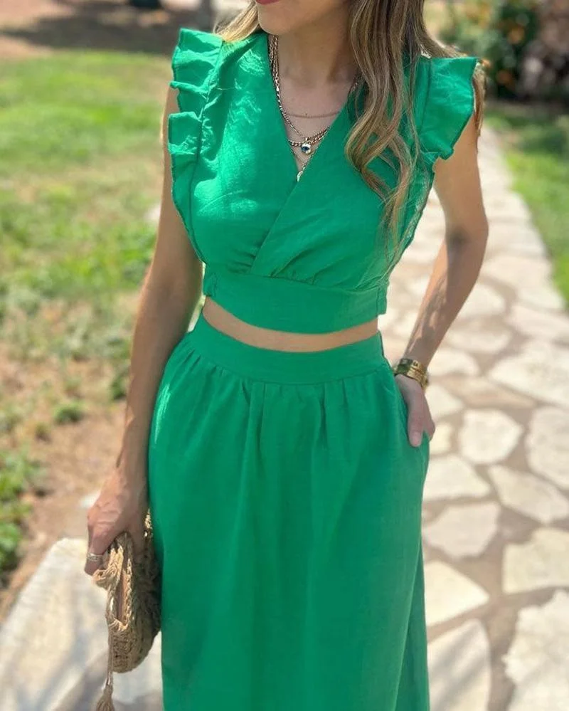 Butterfly Sleeve Solid Color Two Piece Set