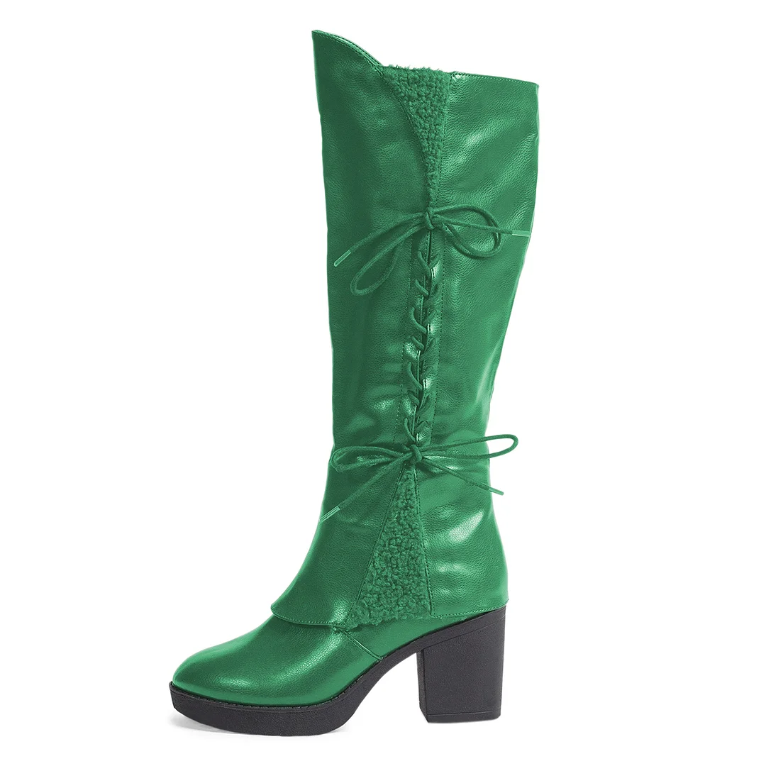 Vegan Leather Pull-On Round Toe Lace-Up Knee High Heel Boots in Green